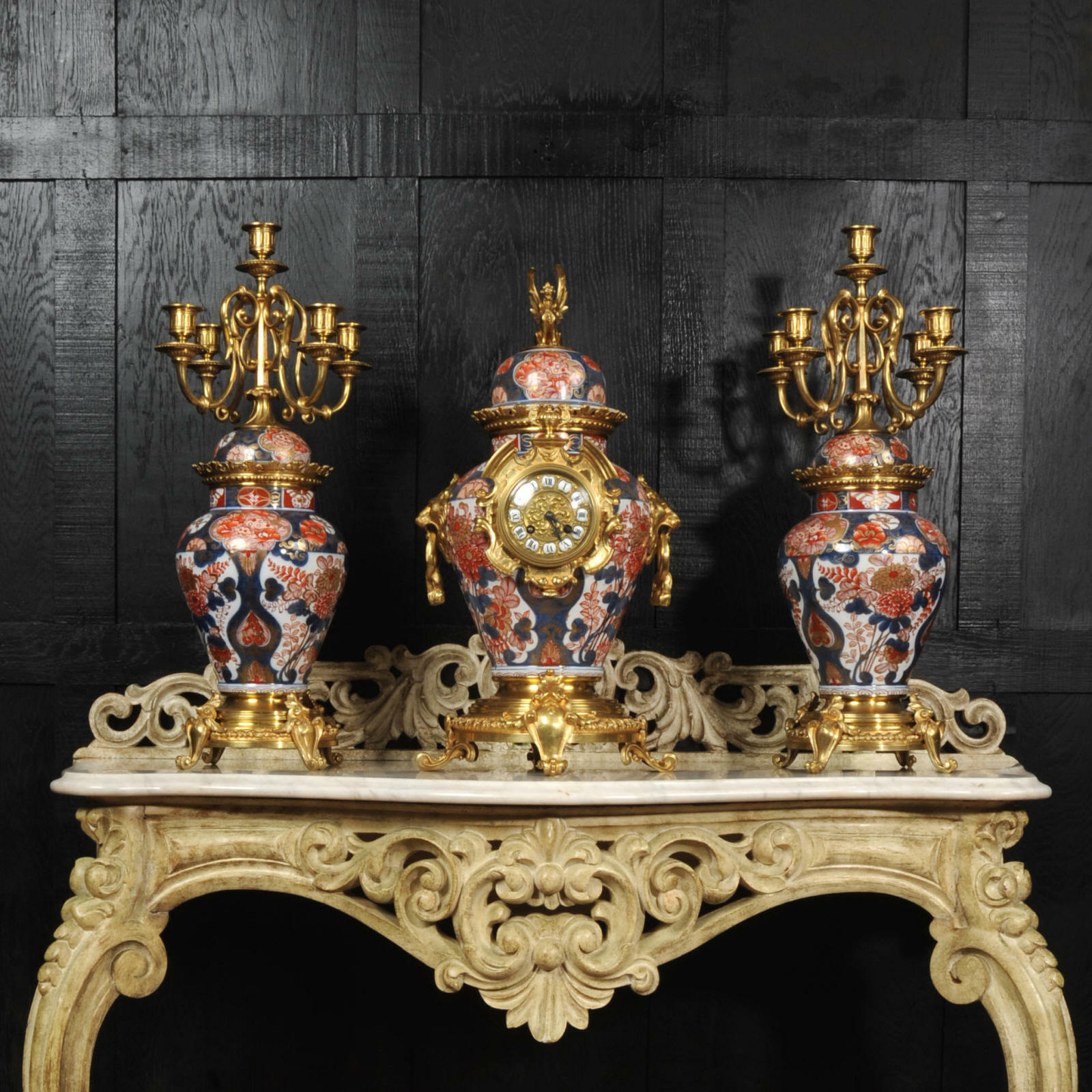 Stunning Ormolu Mounted Imari Porcelain Antique Clock Set C1890