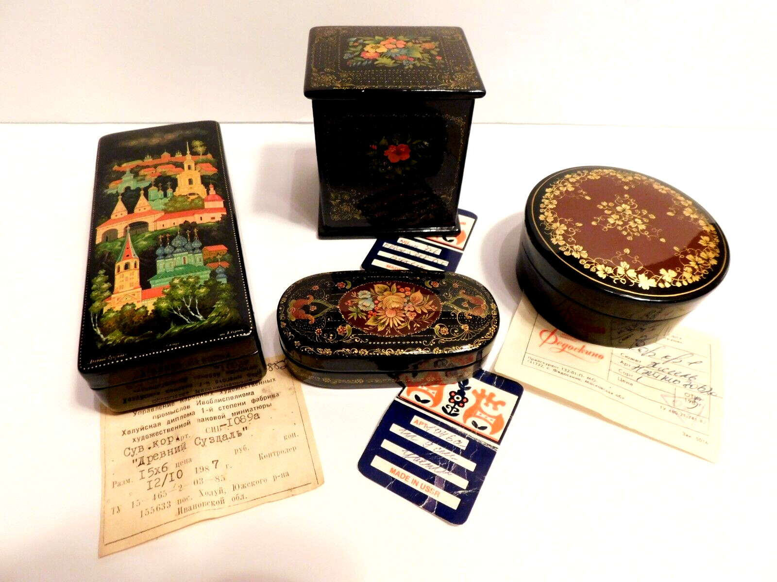 Group Of 4 U.S.S.R. Lacquer Boxes Ca. 1980's, With Papers, 1 Original Owner Group Of 4 U.S.S.R. Lacquer Boxes Ca. 1980's, With Papers, 1 Original Owner
