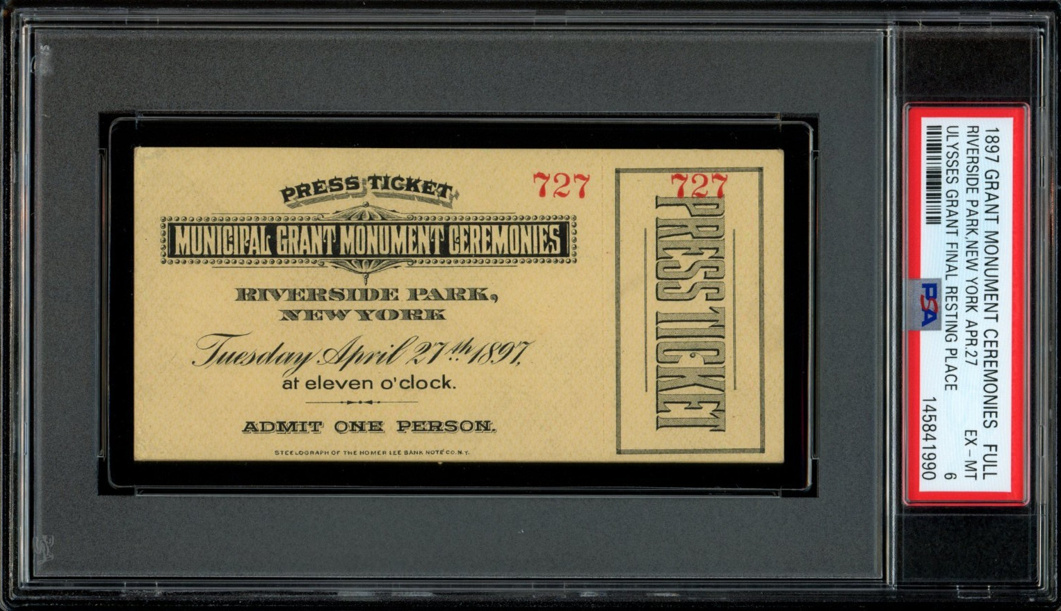 GRANT MONUMENT CEREMONIES 1897 Ticket Ulysses S. Grant Final Resting Place PSA 3