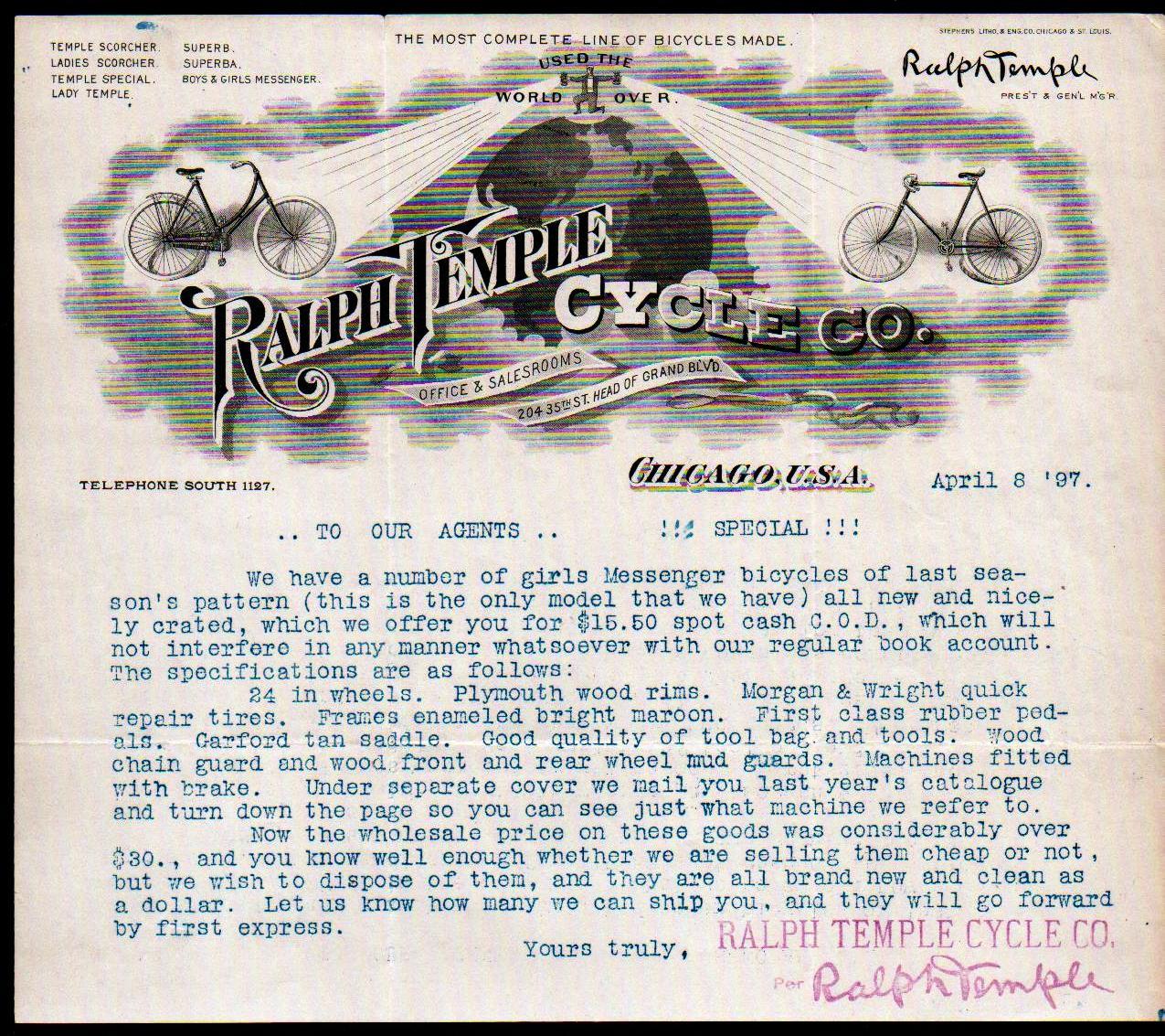 1897 Bicycle - Ralph Temple Cycle Co - SUPERB Chicago - History Letter Head Bill 1897 Bicycle - Ralph Temple Cycle Co - SUPERB Chicago - History Letter Head Bill