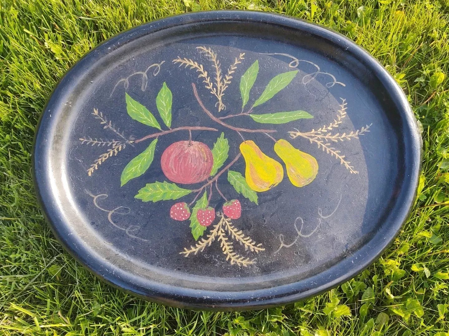 VTG HAND PAINTED TOLEWARE Floral Fruit Folk Tole Art Metal Tray Ingalls Family