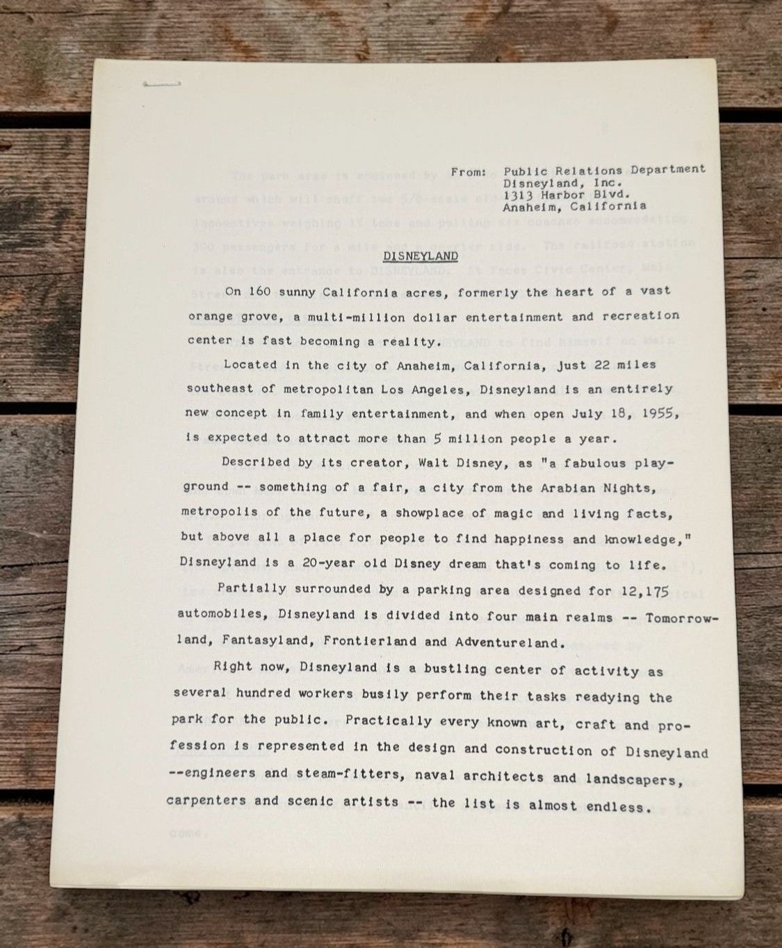 The Creation of Disneyland Press Release Vintage 1950s Walt Disney Development