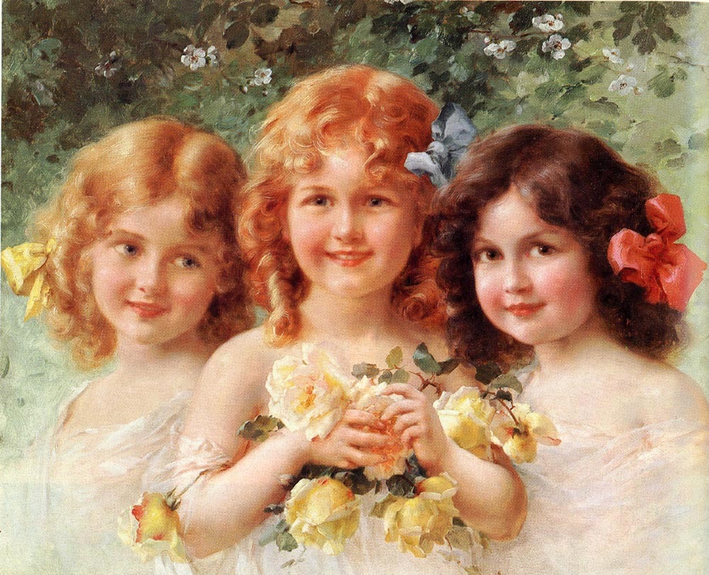 Oil painting Emile Vernon - Three Sisters beautiful little girls & yellow roses