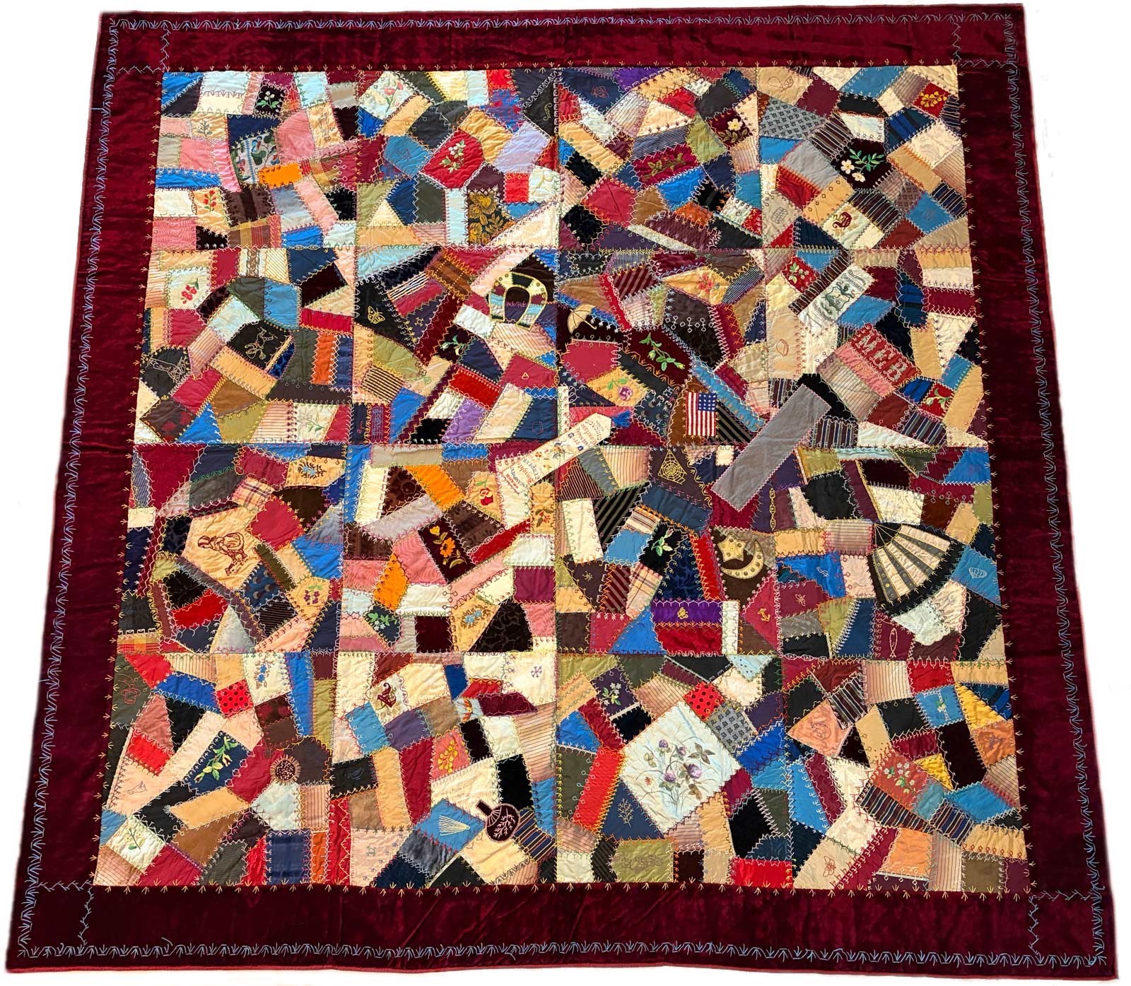 ANTIQUE MINT MUSEUM SIGNED dated 1885 SILK & VELVET VICTORIAN CRAZY QUILT 75x75 ANTIQUE MINT MUSEUM SIGNED dated 1885 SILK & VELVET VICTORIAN CRAZY QUILT 75x75
