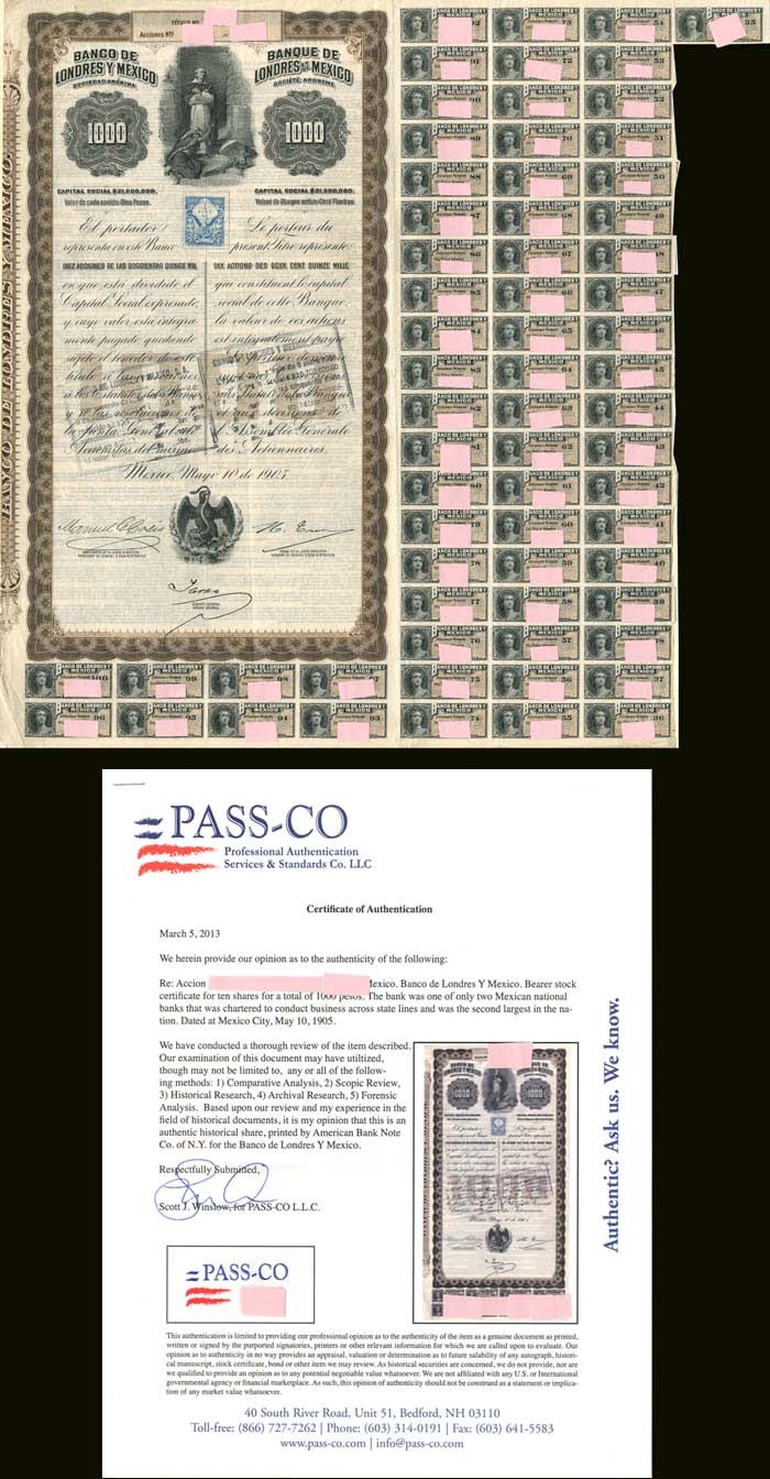 Queen Victoria - Banco de Londres Y Mexico - 1,000 Pesos - 1905 dated Stock Ce Queen Victoria - Banco de Londres Y Mexico - 1,000 Pesos - 1905 dated Stock Ce