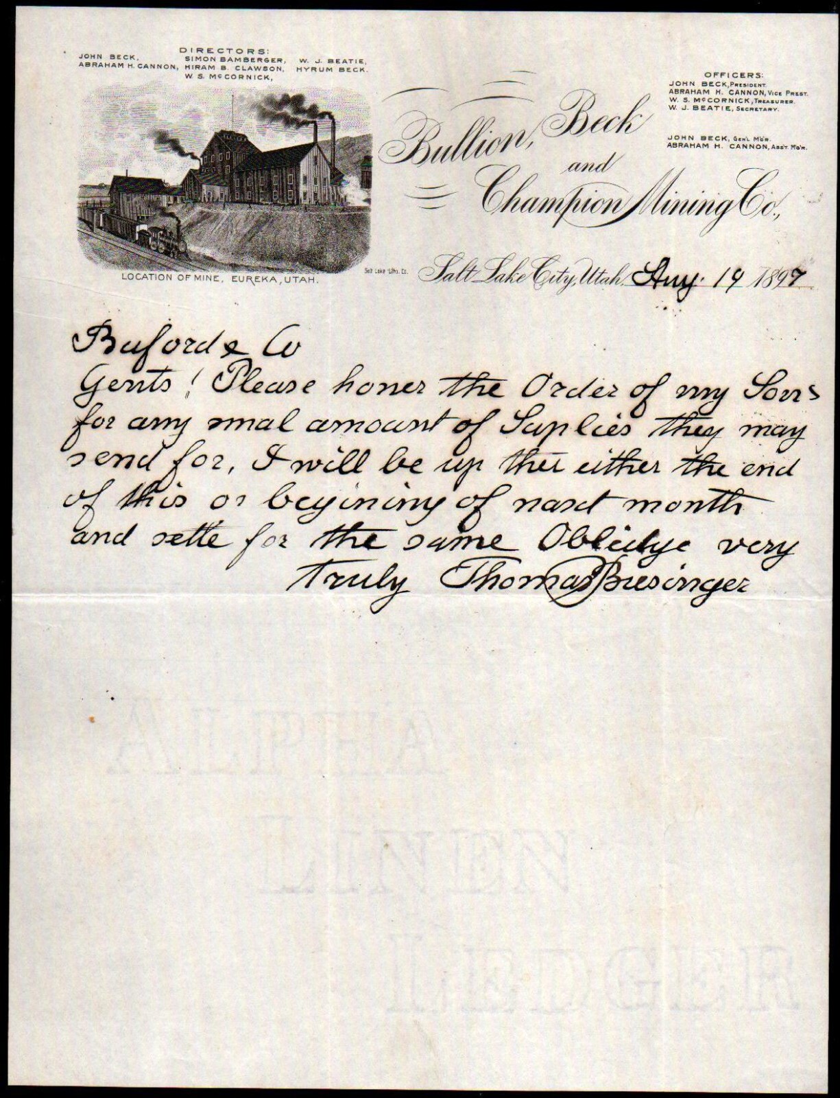 1897 Salt Lake City Utah - Bullion Beck & Champion Mining Co - Letter Head Bill