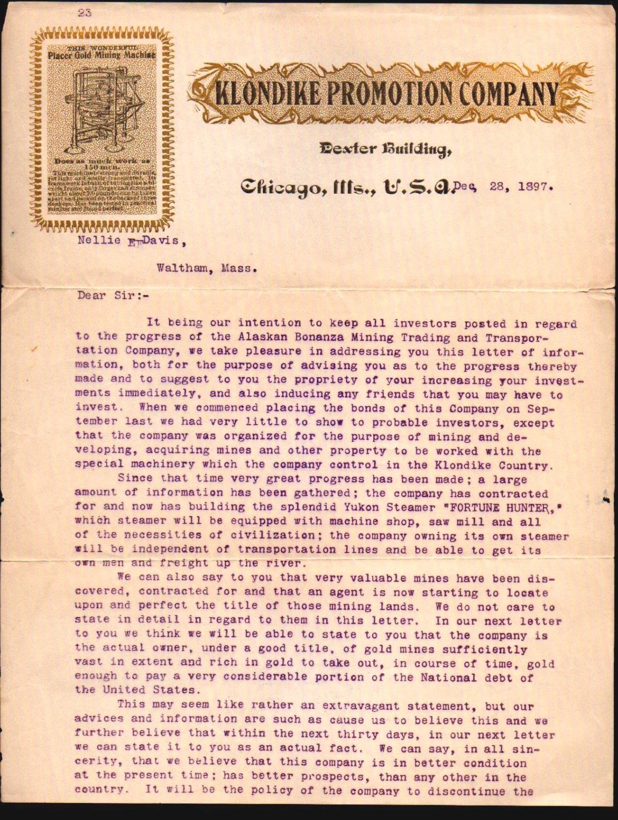 1897 - Klondike Promotion Co  Placer GOLD MINING Machine  RARE Letter head bill