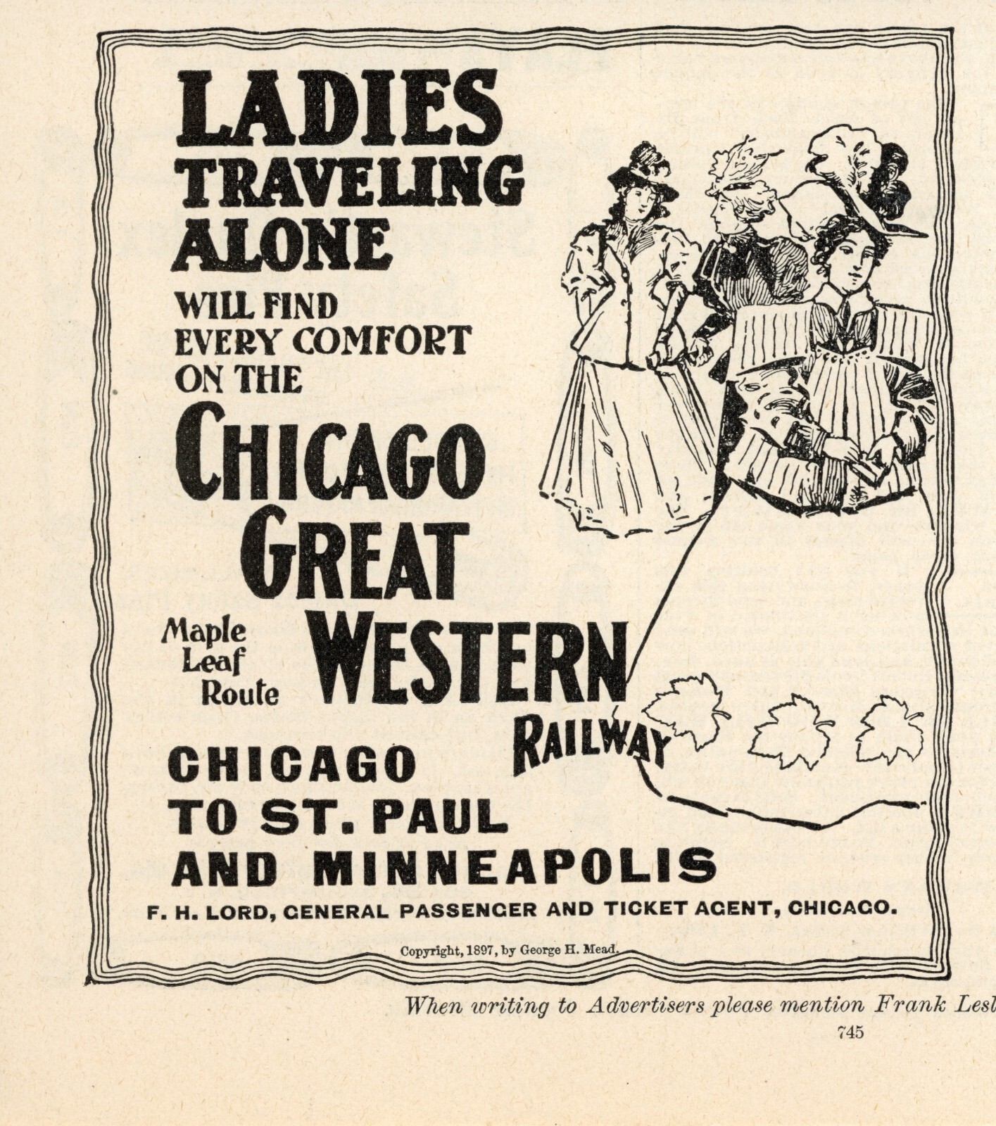 1897 Chicago Great Western Railway Railroad Print Ad  Maple Leaf Route Ladies