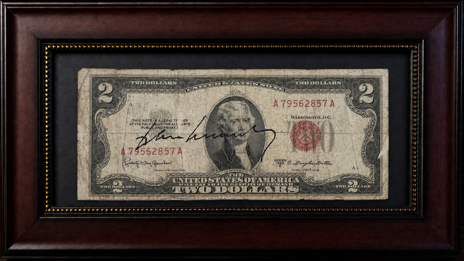 President John F. Kennedy Signed Currency - Two US Dollar Red Seal Note - JFK