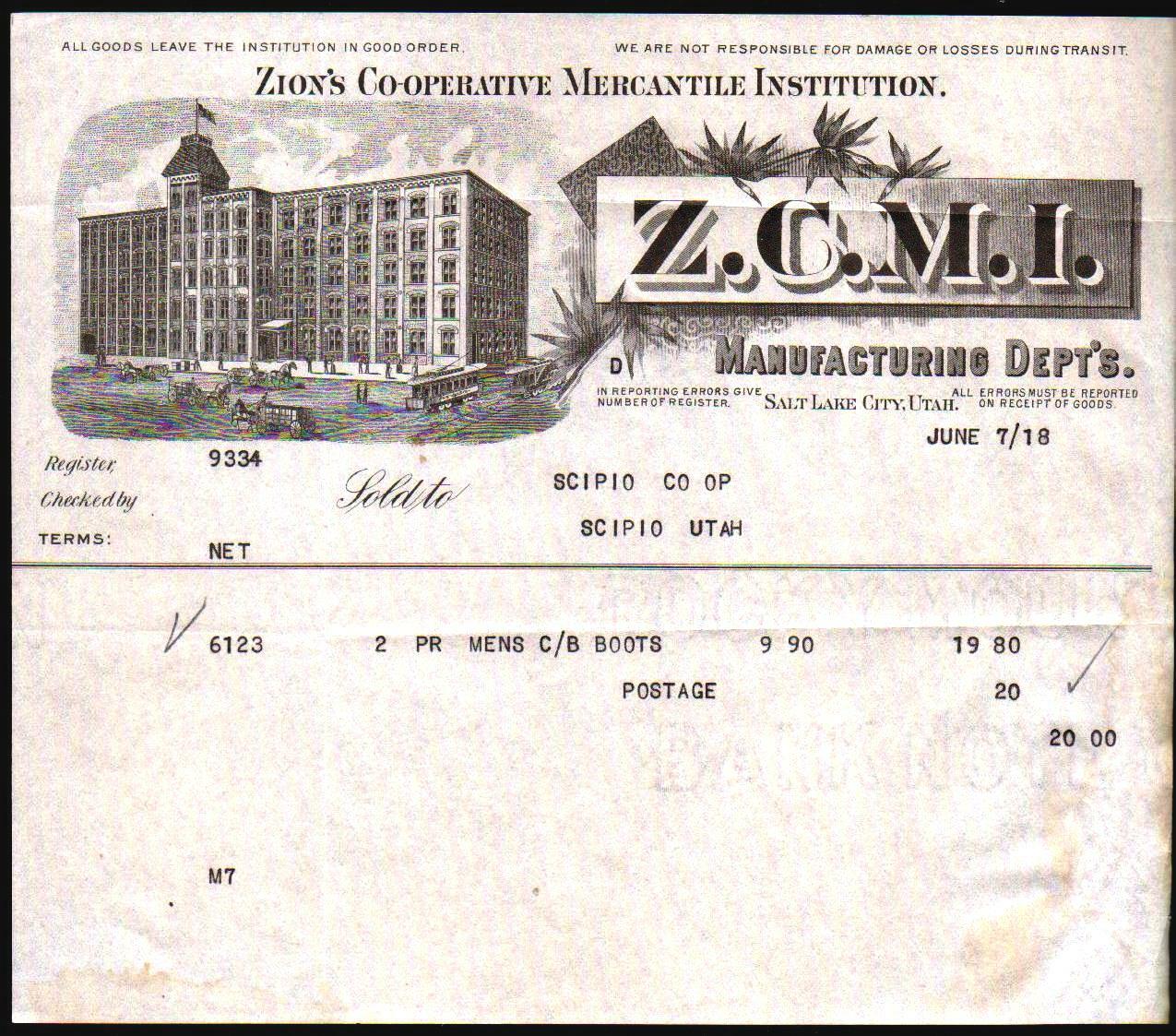 Z C M I  Zions Cooperative Mercantile - Morman 1918 Salt Lake City - Letter Head