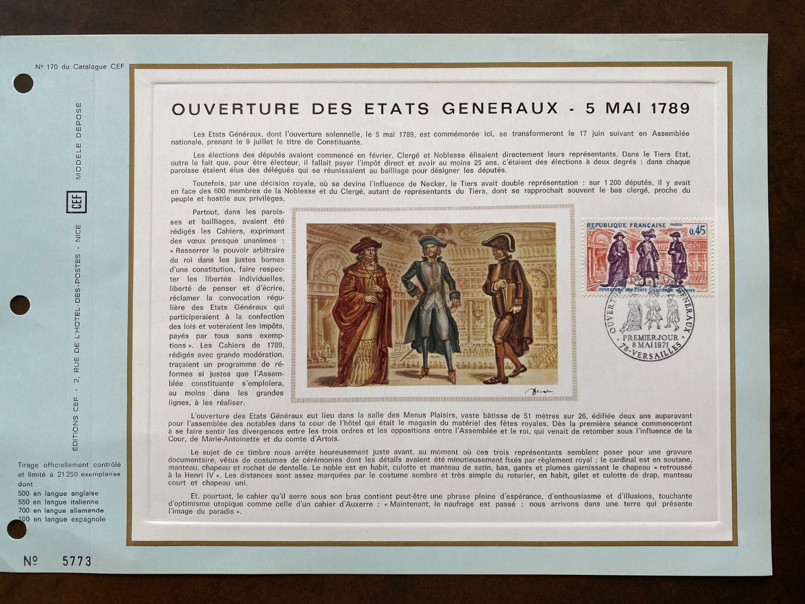 Superb Philatelic Document A4 CEF 1971 The Estates General of 1789 VERSAILLES Superb Philatelic Document A4 CEF 1971 The Estates General of 1789 VERSAILLES