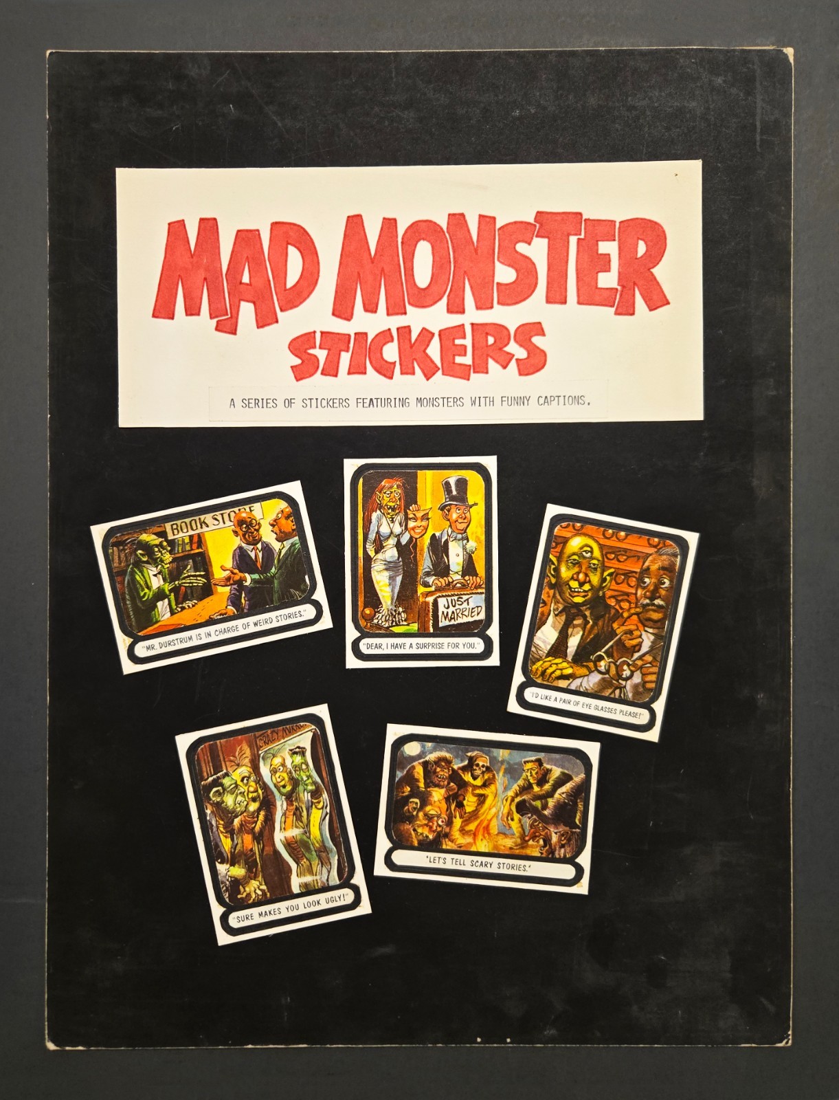 1964 Topps Mad Monsters Stickers: 5 Prototype Cards on Art Board - One of a kind