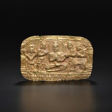 Antique Himalayan Indo-Greek Gold Plaque of Buddha in Meditation with Attendant picture