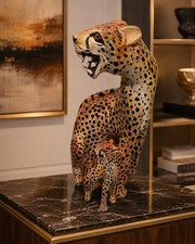Hand-Carved Wooden Cheetah Mother & Cubs Statue – Tanzania African Folk Art picture