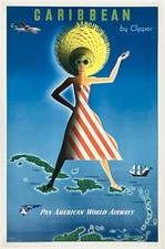 Original Vintage Poster PAN AM - CARIBBEAN BY CLIPPER Airline Travel Tourism OL picture