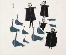Parr ᐸ (1893-1969), UNTITLED (7 GEESE, 4 PEOPLE, 2 DOGS), 1964 Inuit Cape Dorset picture