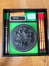 Calligraphy Tools Set with Brush Inkstone Paperweight Rare Lotus Design Used picture