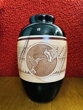 Large Mitchell Blackhorse Etched Pottery Vase Navajo Indigenous Hummingbird Bear picture