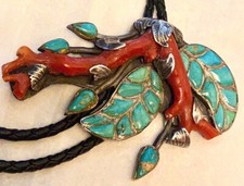 Important Best Early Zuni Dan Simplicio Lg Bolo Inlaid Leaves Coral Turquoise Y picture