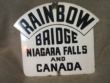 LARGE ANTQUE IRON PORCELAIN RD SIGN RAINBOW BRIDGE NIAGARA FALLS CANADA 18 X 22 picture