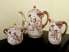 Belleek Antique Rare Willets Gilt Dragon Handled Chocolate Pot, Cream & Sugar picture