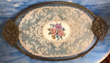 Antique Brass Vanity Dresser Tray French Lace Under Glass Round Ornate 14