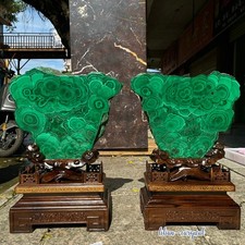 11LB Natural Malachite Slab Pair Green Banded Malachite Stone Display Wood Stan picture