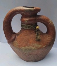 Pair Of Large Vintage Tarahumara Leather Wrapped Pottery Approx.13x13 & 11 X 11 picture