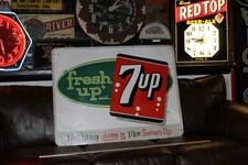 SCARCE 1960 FRESH UP 7UP SODA POP LARGE EMBOSSED METAL DEALER SIGN COKE PEPSI picture