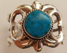 Navajo sand cast sterling silver bracelet unsigned Morenci Turquoise Vintage picture