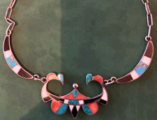 Best Unique Zuni Necklace attr. Frank Vacit Hand Made Mosaic Inlay 1940s 17