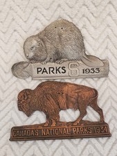1933 1934 Canada's Saskatchewan National Parks Beaver Bison License Plate Badges picture