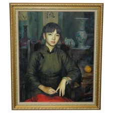 ZHANG YIZHI LARGE 117 X 98CM OIL ON CANVAS PAINTED PORTRAIT OF A SEATED LADY picture