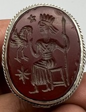 Seated Roman Emperor Vintage Hand Carved Agate Intaglio Seal Silver Signet Ring picture
