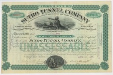 Sutro Tunnel Co. - 1880's dated Stock Certificate - Available in Green, Red or picture