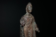 CIRCA NEAR EASTERN A GANDHARA BRONZE STANDING STAUE OF BUDDHA, SILVERED EYES picture