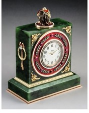 A079 A nice Spinach Jade 14K Vari-Color Gold, Diamond and Cabochon-Mounted Clock picture