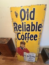 c1910 Vintage Old Reliable Coffee Porcelain Advertising Store Sign HUGE 80x25 picture