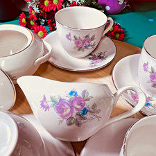 German Porcelain Tea Set Pink Roses Gold Gilt Tea Cups Saucers Sugar Bowl jug picture