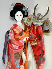 Vtg Authentic Japanese Geisha in Silk Kimono w/Warrior Helmet in 18