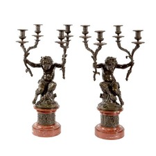 Antique Clodion Bronze Faun Candelabra Pair Marble French Napoleon III 70cm picture