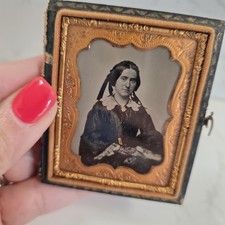 Antique 1840s-50s  1/9 Plate Daguerreotype Victorian Era Fingerless Lace Gloves picture