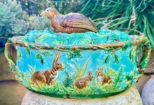 George Jones Majolica Game Pie Dish Tureen With Quail and Rabbits, Circa 1875 picture