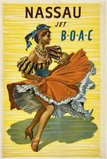 Original Vintage Poster NASSAU JET BOAC Airline Travel Caribbean Bahamas LINEN picture