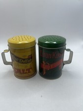 Vintage Tin Can Percival Duffin's Elton Kirby's Salt And Pepper Shakers Handles picture