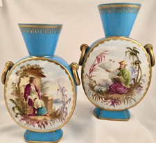 Pair 19th C. H. Ardant Paris Porcelain Chinoiserie Vases, Celeste Blue picture