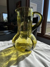 Blenko? Vintage Avocado Green Hand Blown Glass Applied Handle Pitcher 11” -Super picture