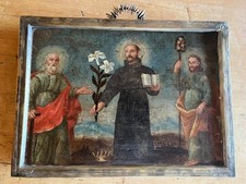 Unique RARE New Mexican 2 sided Painted Retablo on Wood with metal encasing picture