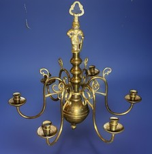 ANTQ Dutch / Flemish-style BRASS 6-Scroll Arm Candle Chandelier Knopped Stem 24” picture