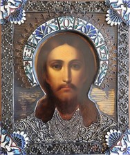 ANTIQUE 19c SILVER ENAMEL FILIGREE RUSSIAN ICON OF THE CHIST 